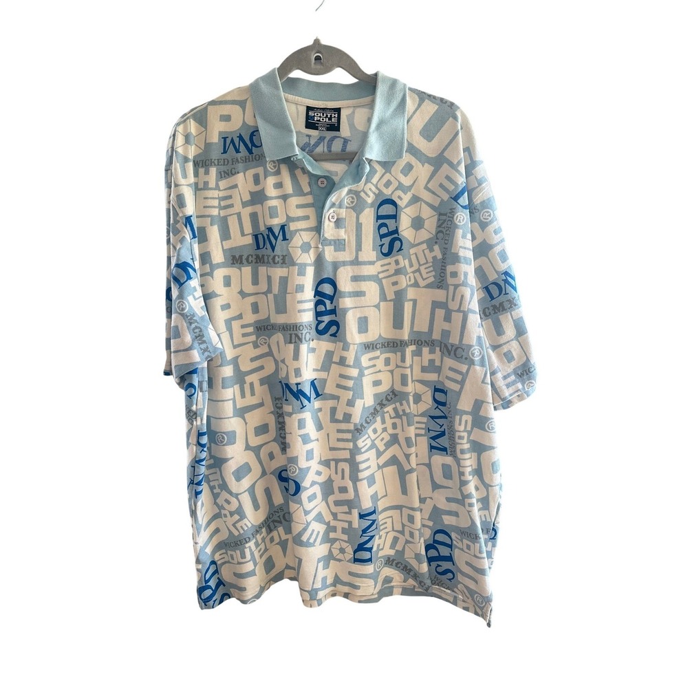 Southpole Mens XXL Polo Shirt All Over Print Graphic Blue White Cotton Vintage